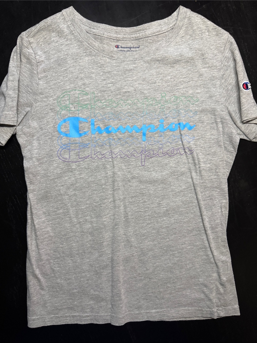 Champion Short Sleeve Gray Tee with Multicolor Script Logo